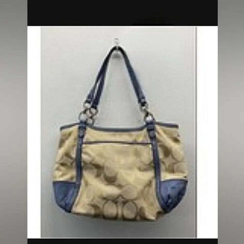 COACH DESIGNER Signature Monogram Tan Blue Bag Purse Handbag
